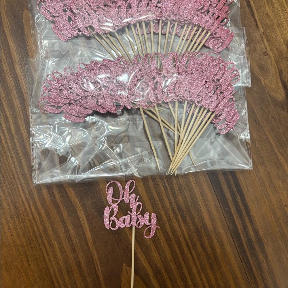 Pink Glitter 'Oh Baby' Cake Toppers